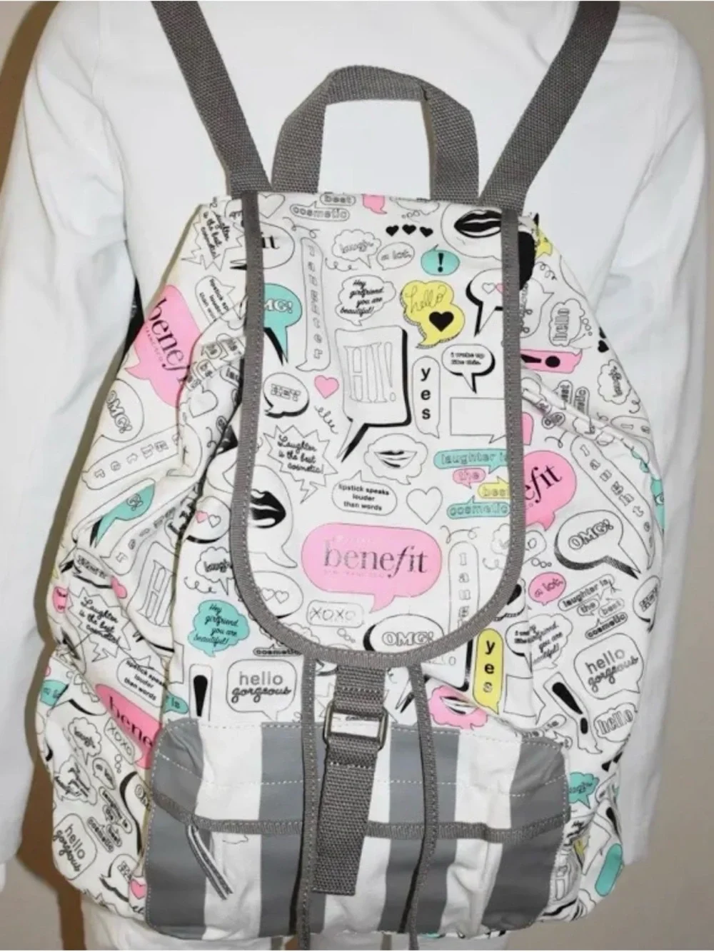 Benefit White Graphic Stripe Tote with Pink & Teal Accents